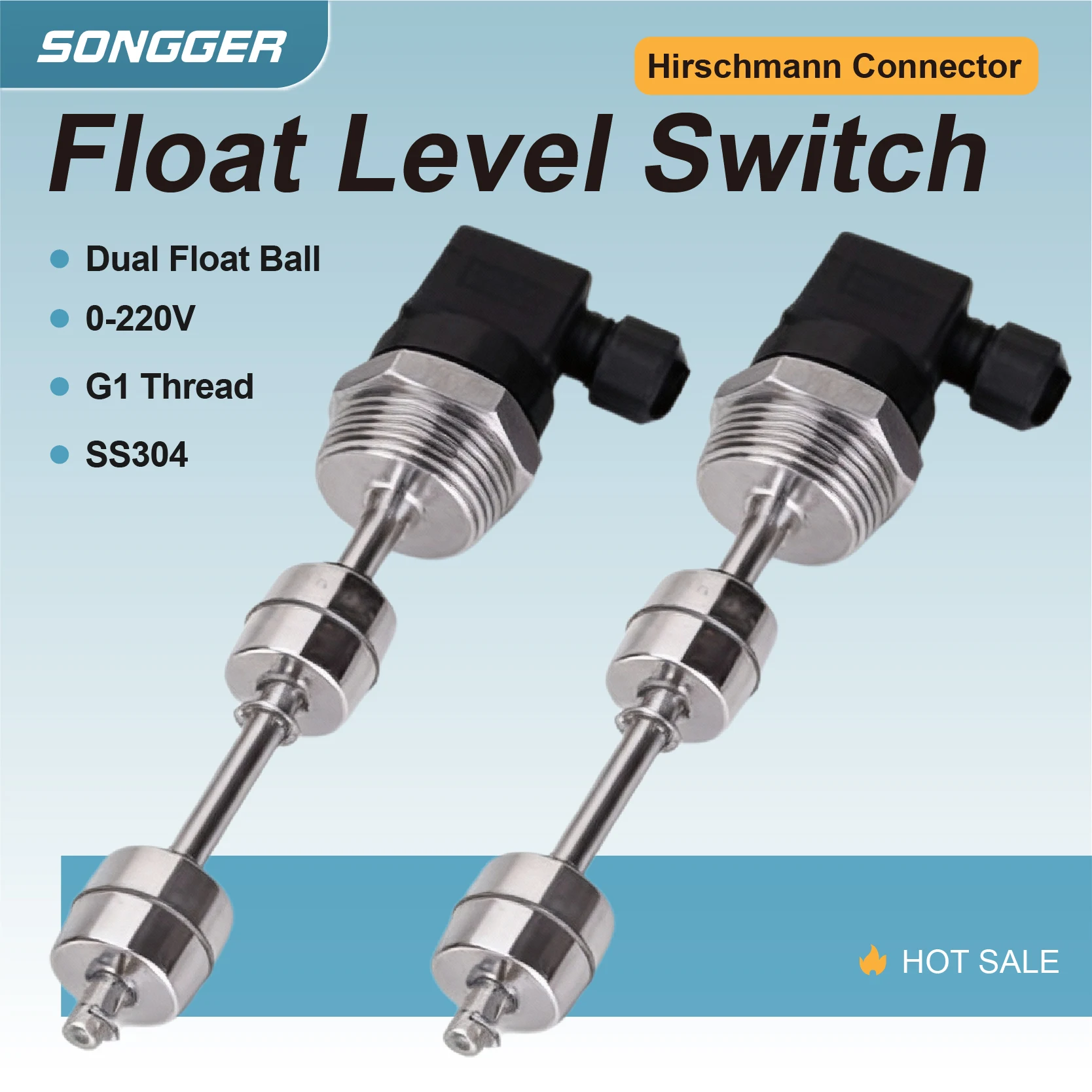 Interruptor de Nível de Flutuação Inoxidável SS304 com Dupla Boia Sensor Magnético para Líquidos 0-220V Rosca G1 Conector Hirschmann para Água Óleo Refrigerante Industrial
