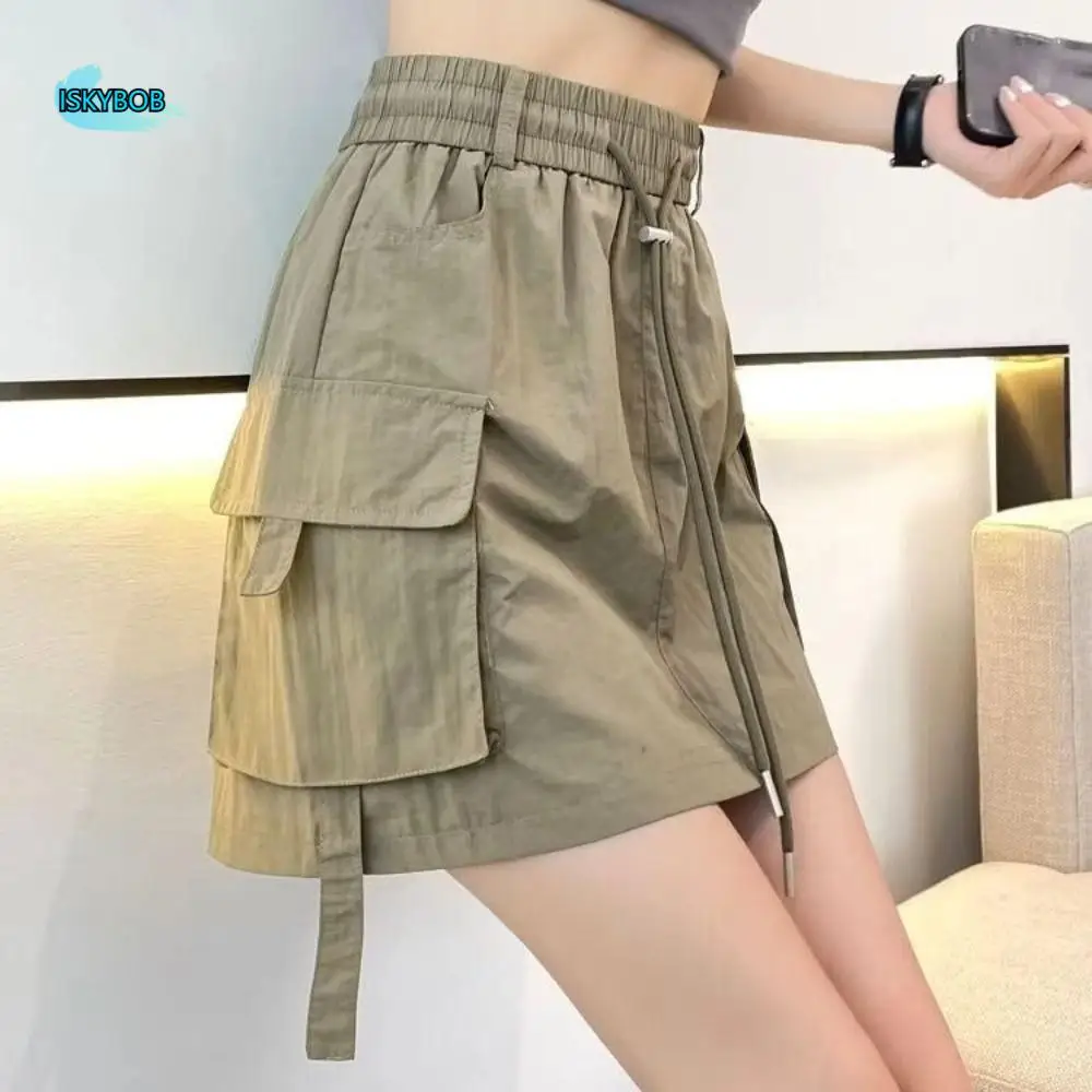 

Simple Loose High Waist Skirt Drawstring Lace Up Causal Skirts Women Spicy Girl Style Large Pocket Wide Half Leg Skirts Female
