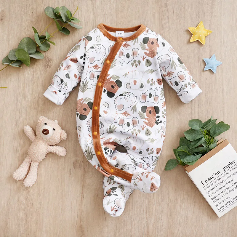 Infant\'s koala Print 0-18 months Bodysuit Autumn/winter plush and heavy Comfy Long Sleeve Onesie, Baby Boy\'s Clothing, As Gift