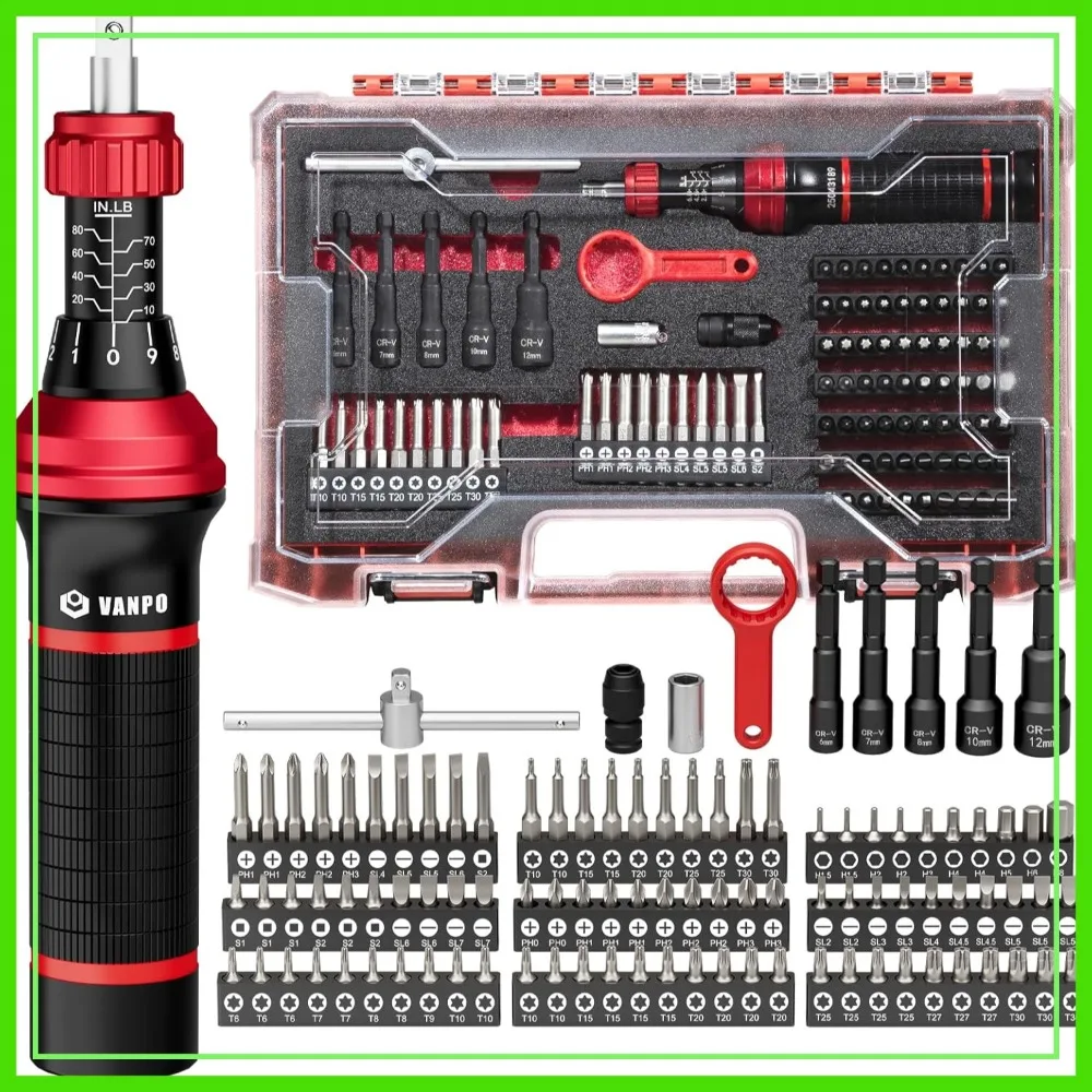 

Precision Torque Screwdriver Set 10-80 in-lb 99-Piece with T-Bar & 1/4" Quick-Change Adapter