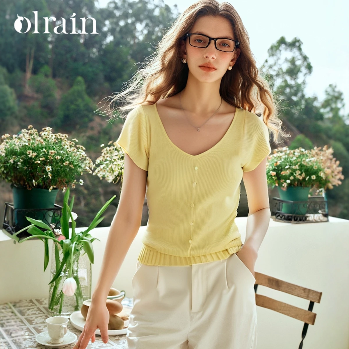 

OLrain Yellow French Knitted Sweater Short Sleeve Pullover Women's Summer Knit Tops 2025 Ladies Slim Jumpers Female O57XZ99068
