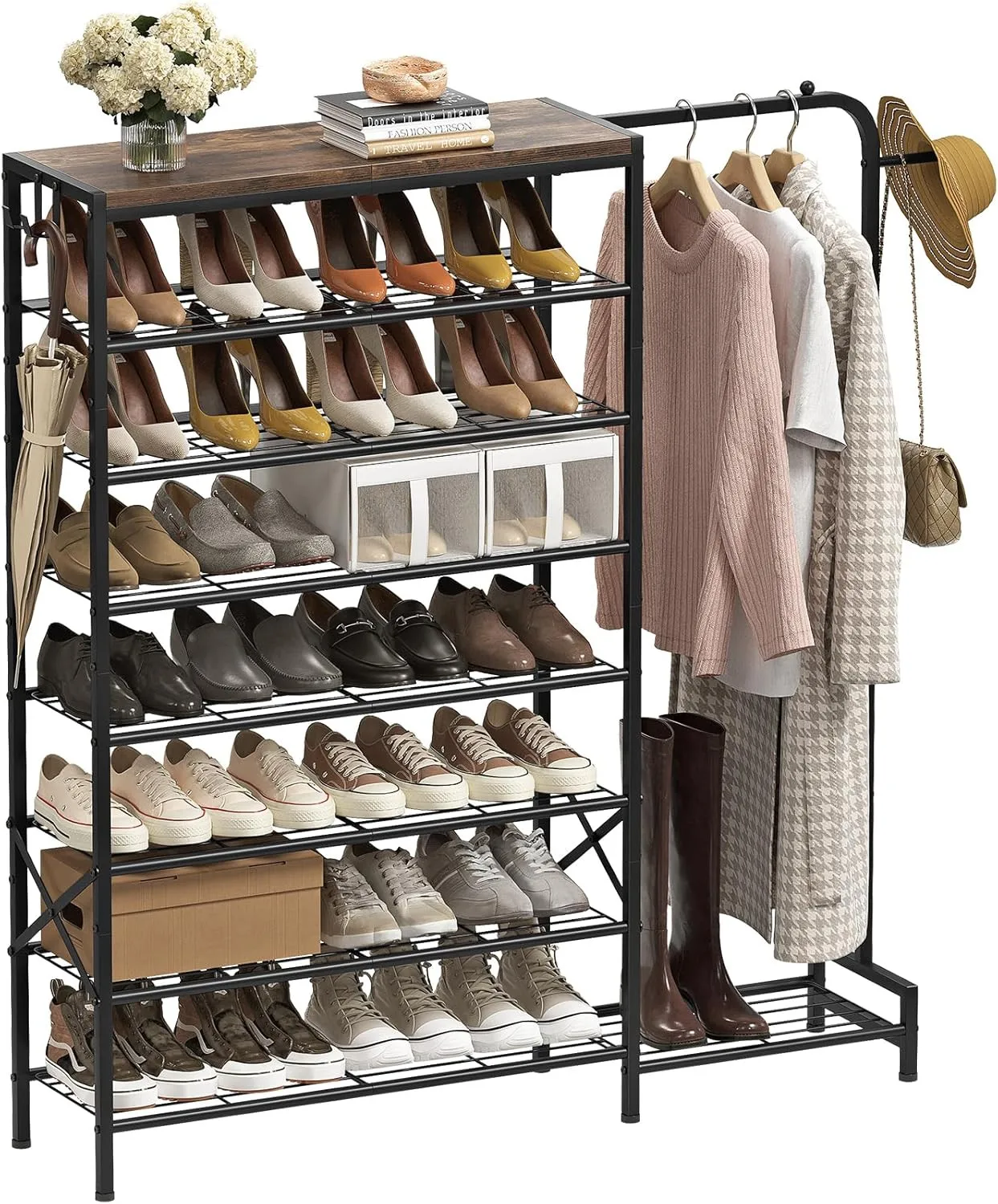 

Rustic 8-Tier Shoe Rack with Coat Hooks & Wooden Top Shelf, Brown & Black