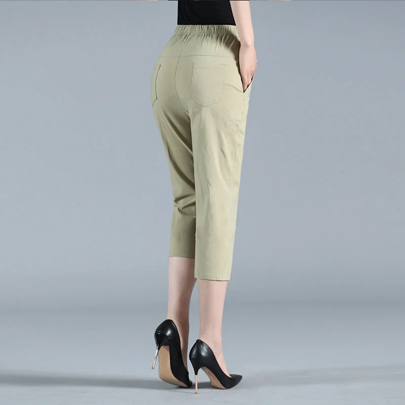 Calça Capris monocromática de cintura alta para mulheres, calça feminina de meia idade, elástica e solta, casual e monocromática, com comprimento de bezerro feminino, verão, 2023