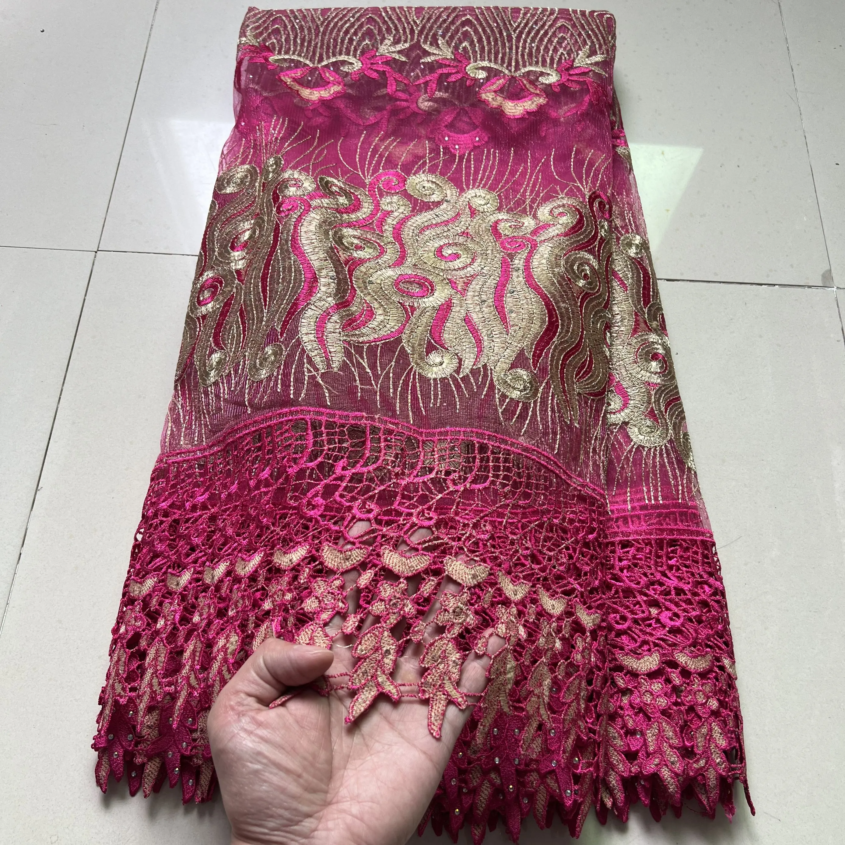 

African Nigerian Latest 2025 Guipure Embroidery Sequins Tulle Lace Fabric High Quality for Sewing Dresses 5Yards ZJ050