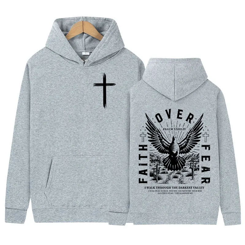 Jesus Faith Over Fear Inverse Letter Print Hoodie Christian Retro Fashion Harajuku Sweatshirt Men Women Fleece Oversized Hoodies