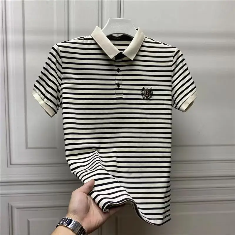 Fashion Lapel Button Embroidery Short Sleeve Striped Polo Shirts Mens Clothing 2024 Summer New Loose Casual Tops Korean T-Shirts