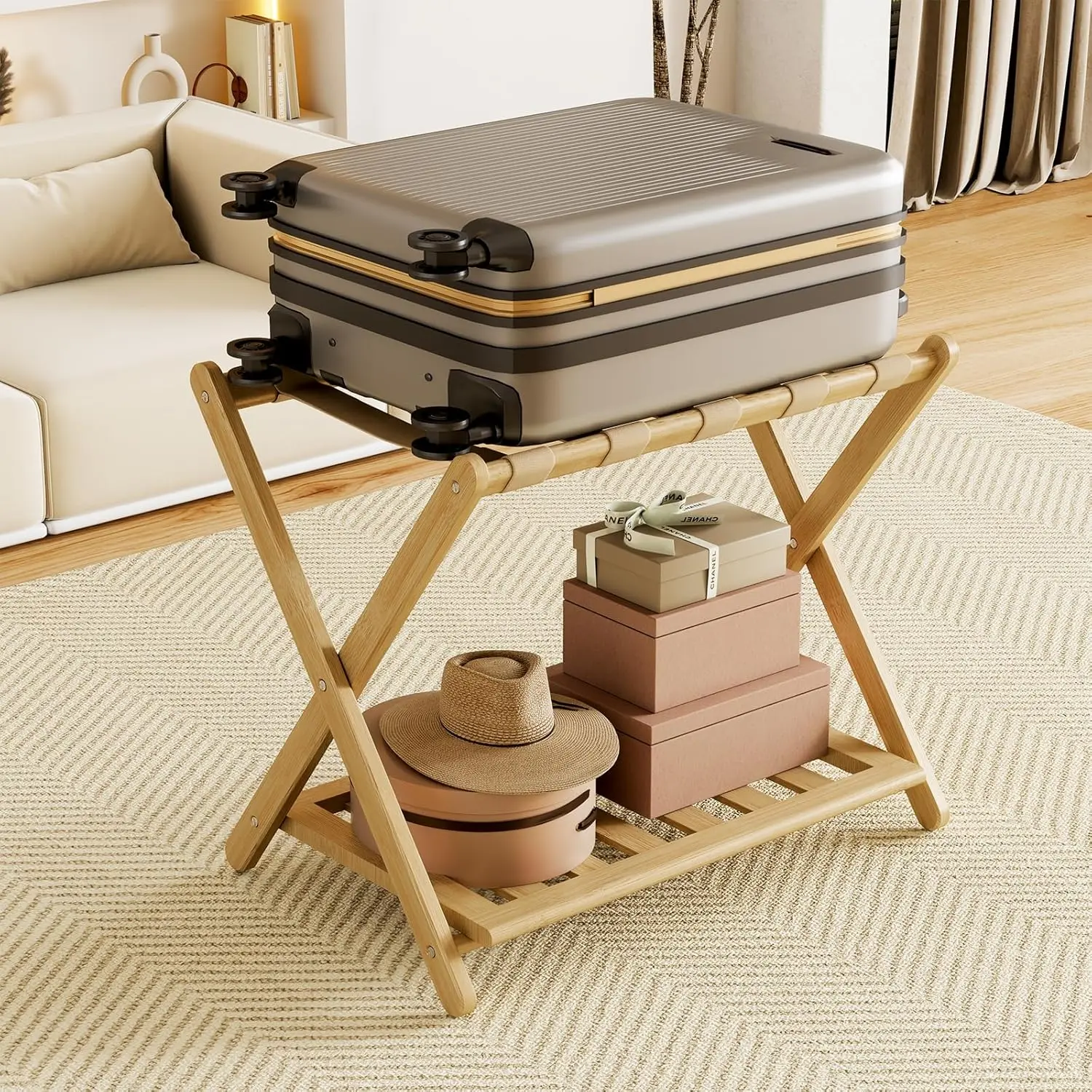 

Fully Assembled Bamboo Luggage Rack with Storage Shelf, Heavy Duty Folding Suitcase Stand for Guest Room or Hotel