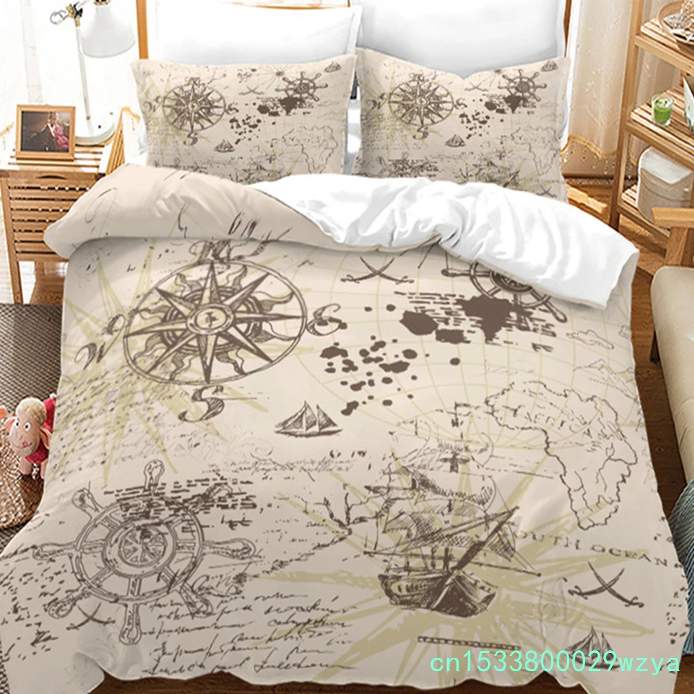 Vintage Pirate Sailboat Duvet Cover Nautical Ocean Theme Bedding Set Microfiber Diablo Style Comforter Cover King For Boys Teens