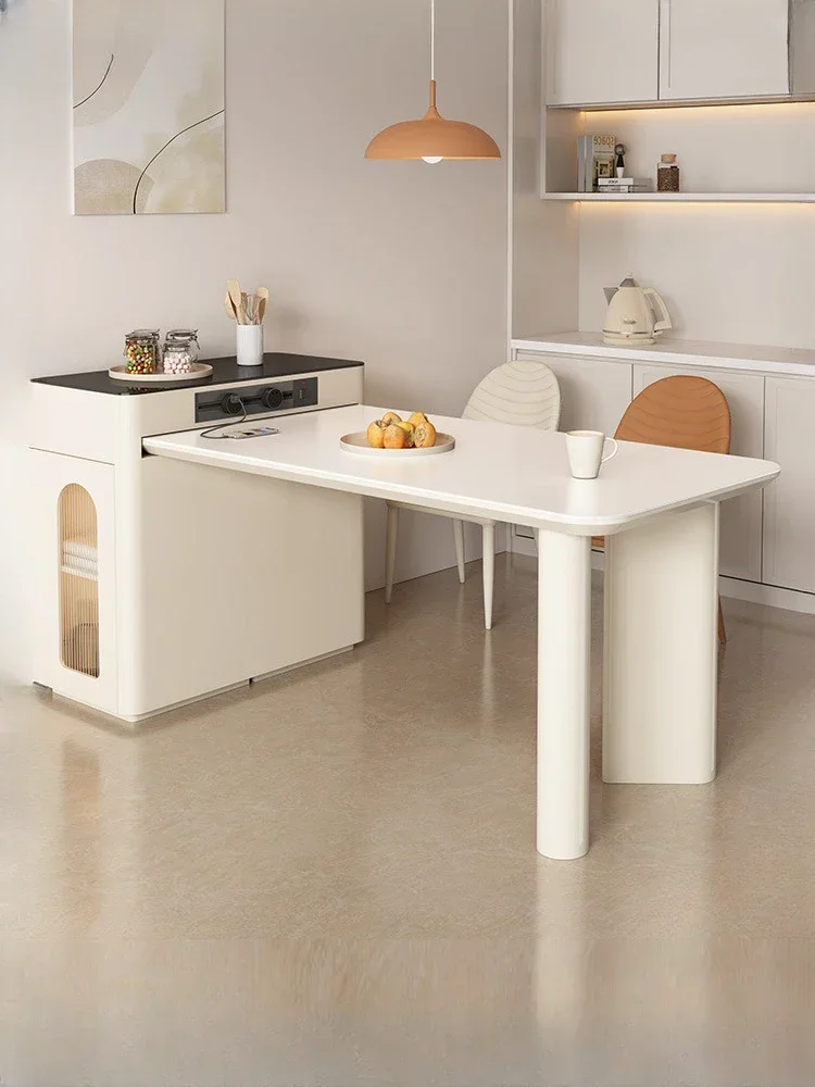 

French Kitchen Island Dining Table Integrated Retractable Cream Style Stone Plate Simple Modern