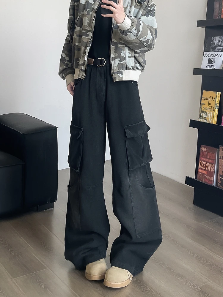 

Американские ретро-джинсы черного цвета, свободного кроя, в рабочем стиле, с множеством карманов, прямые штанины, в стиле хип-хоп, крутой уличный стиль, повседневные, свободного кроя