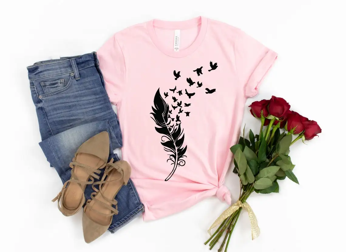 Feather Birds Print Pink Tshirt Women Summer Tops Fashion T Shirt Femme Harajuku Kawaii Clothes Short Sleeve T-Shirt Female