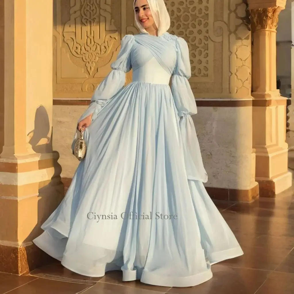 Ciynsia Customized Light Blue Evening Dress High Neck Tiered Sleeves A Line Formal Occasion Dresses Princess Chiffon Prom Gown