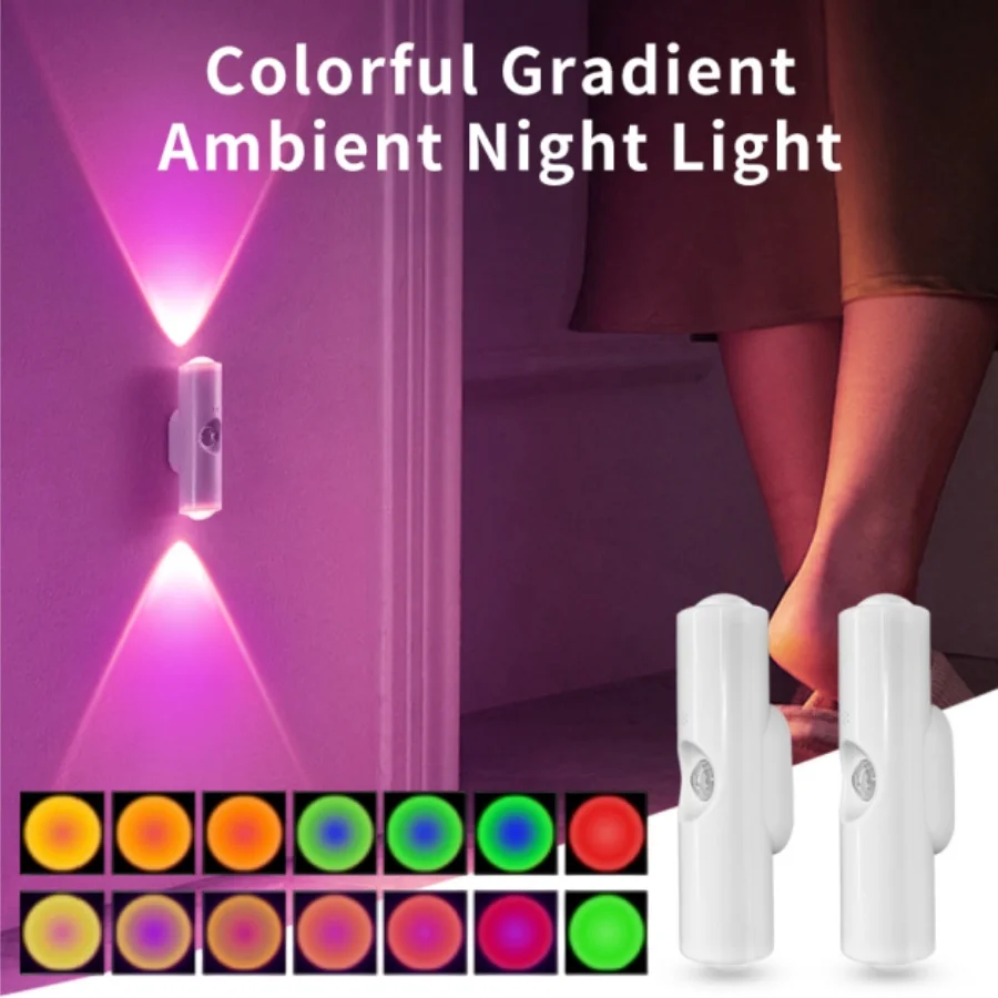 

Двуглавый датчик движения, светодиодный ночник RGB, перезаряжаемый магнитный настенный светильник для шкафа для спальни, лестницы, коридора, окружающее освещение