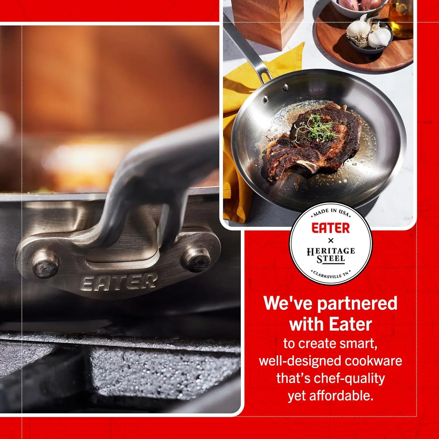 Eater Series 12 Inch Frying Pan | Made in USA | 5-Ply Fully Clad Stainless Steel | Stay Cool Handle Design | Induction Ready & N