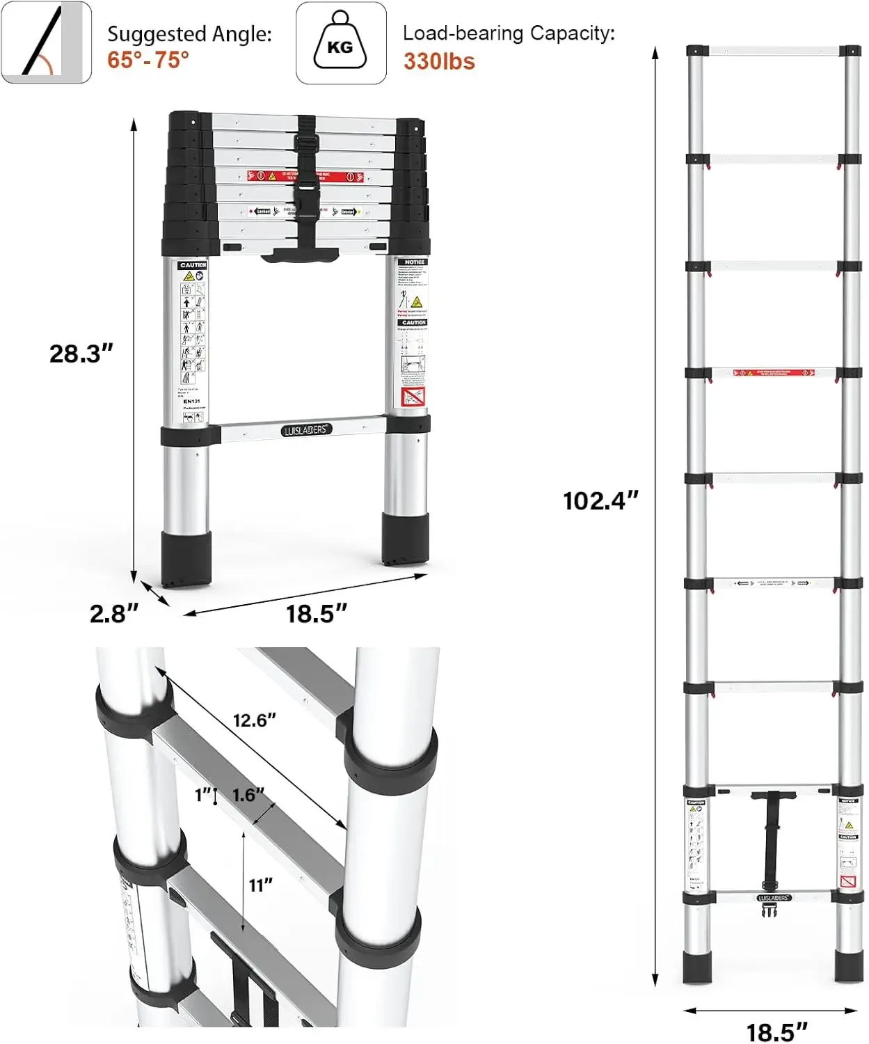 LUISLADDERS Telescoping Ladder 8.5 FT One-Button Retraction Aluminum Extension Telescopic Collapsible Ladder 330 Lb Capacity