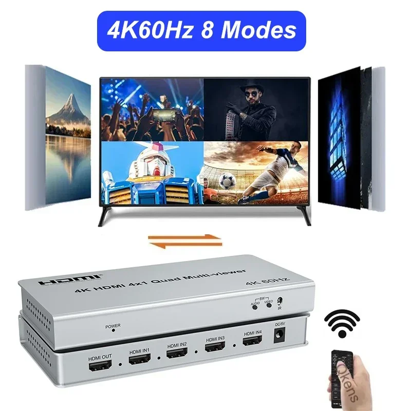 4K 4x1 HDMI Multi Viewer Quad Screen 4 in 1 Out Seamless Switcher 4K@60Hz PIP 90° 180° Flip for PS4/PC/DVD/Security Camera To TV