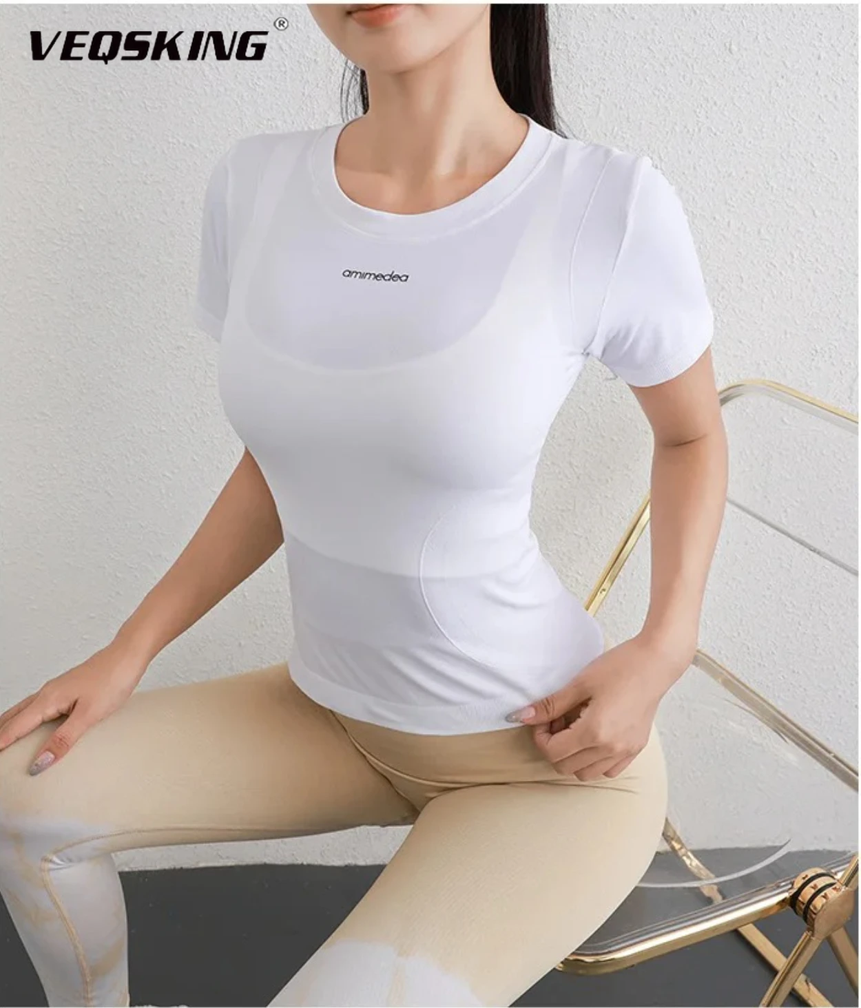 

Elastic Quick Drying Yoga Suit Women's Short Sleeved Tight Fitting Slimming Sports T-shirt Running Fitness Moisture Wicking Top