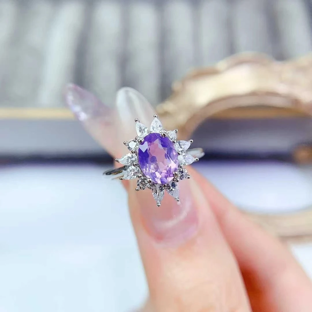 Light Purple Amethyst Ring 925 Silver Crystal Ring with 18K Gold Plating 6mm*8mm VVS Grade Natural Amethyst Jewelry