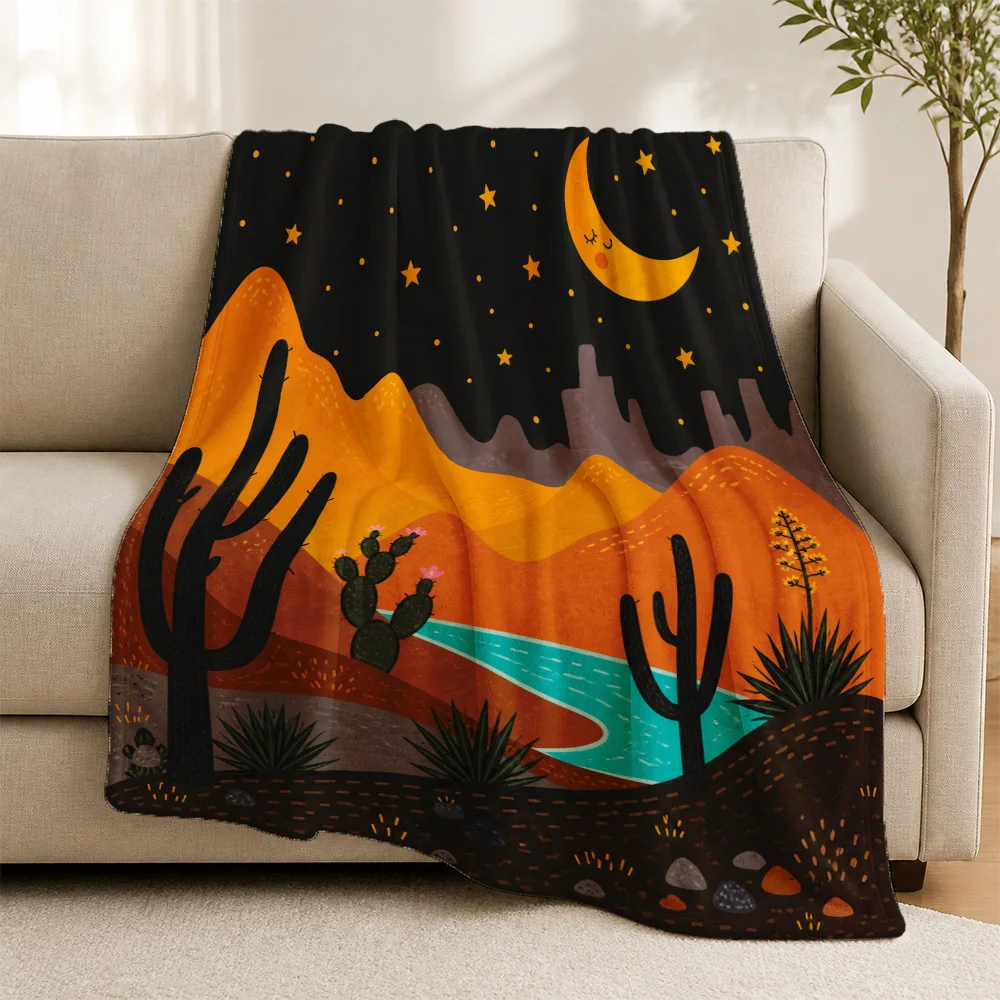 Boho Desert Sunset Throw Blanket Couch Decor Fleece Throw for Sofa Bohemian Landscape Art Stars Cozy Home Decor Gift