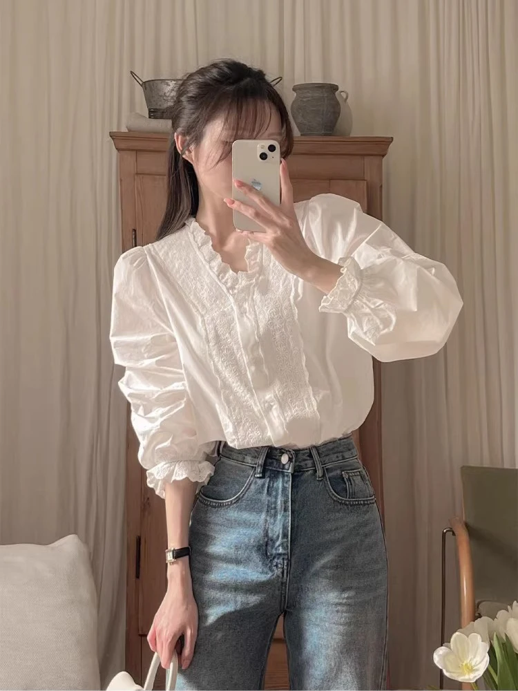 Csa con adorno de encaje dulce para mujer, nuevo estilo de primavera, manga de burbuja, Top de Color puro, corte hoado, ...