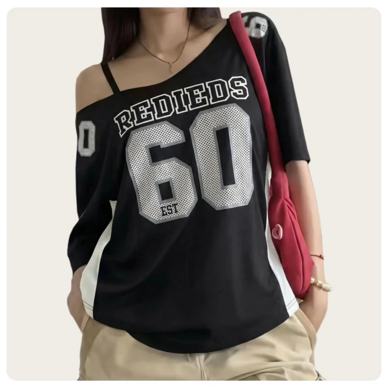 American 90S Retro Style Women's Black and White Off-The-Shoulder Sports Style Short-Sleeved Loose T-Shirt