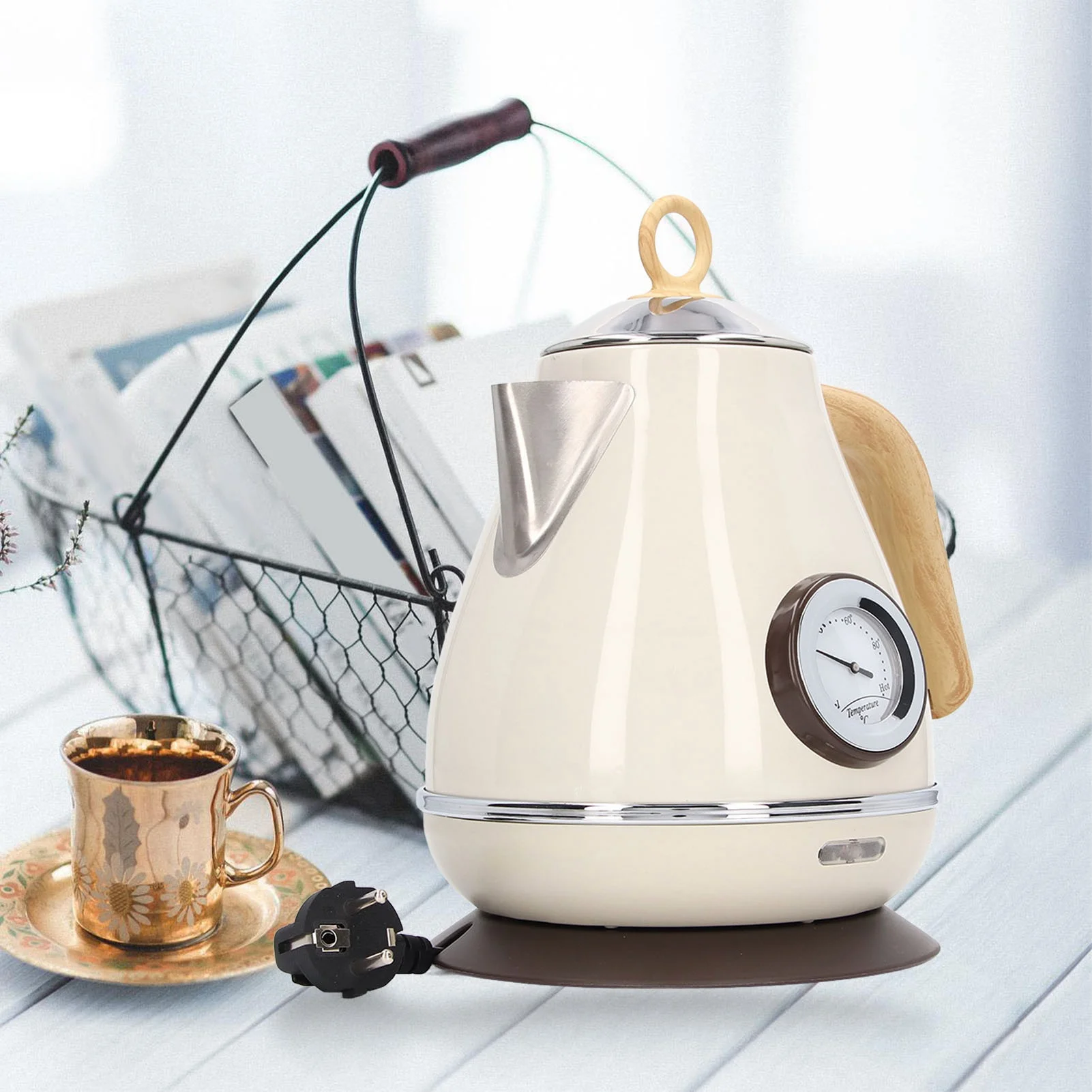 Retro Wood Grain Electric Kettle, 1.7L Quick Boil with Temperature Display, 1850-2200W Safety Dry Boil Protection - Ideal for Ho