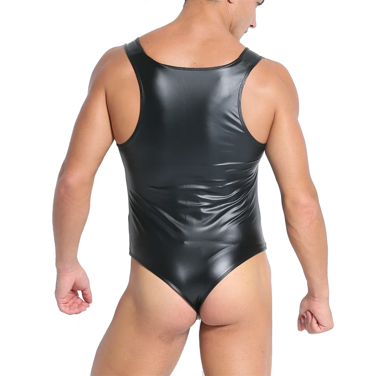رجل يوتار مثير قطعة واحدة بولي Leather الجلود ارتداءها ملابس تحتية للمصارعة العميق U الرقبة بذلة الذكور مثلي الجنس المثيرة الملابس الداخلية الوثن Catsuit