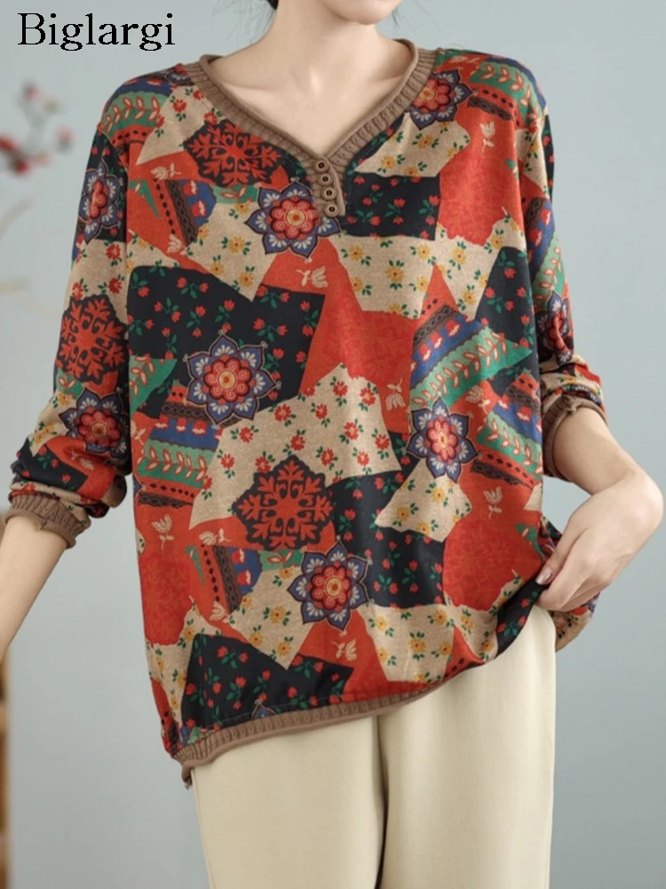 

Осенние пуловеры большого размера, футболки, топы, женские модные повседневные женские блузки с геометрическим принтом, свободные женские топы с длинными рукавами и v-образным вырезом