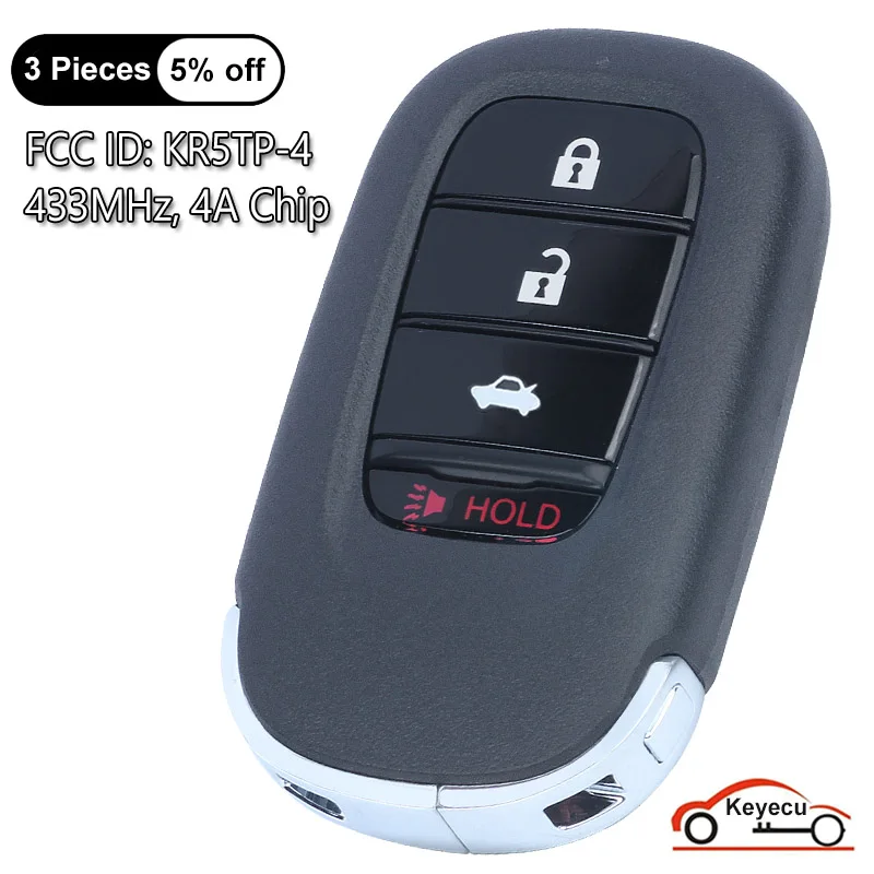 

KEYECU 4 Buttons 433MHz 4A Chip for Honda Civic 2022 2023 Auto Keyless Smart Remote Control Key Replacement Fob FCC ID: KR5TP-4