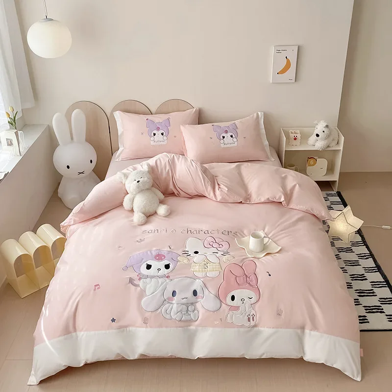 Sanrio-Juego de ropa de cama 100% algodón bordado, funda nórdica Kuromi Mymelody, Sábana de cama, funda de almohada, tamaño King y Queen, textiles para el hogar