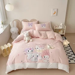 Sanrio 100%Cotton Embroidery Bedding Set Kuromi Mymelody Duvet Cover Bed Sheet Pillowcase Girl King Queen Twin Size Home Textile