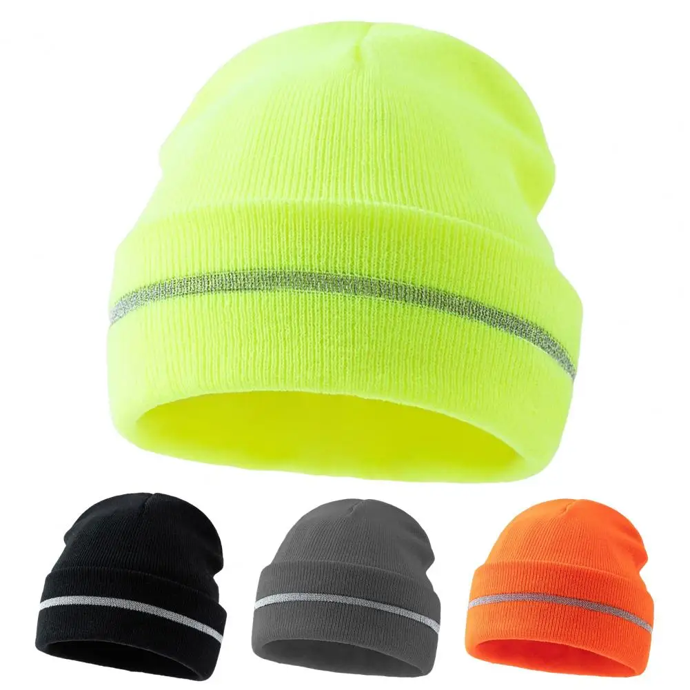 

Men Outdoor Hat with Reflective Stripe High Elasticity Keep Warm Solid Color Folded Brim Nocturnal Sport Cap High-Visibility Kni