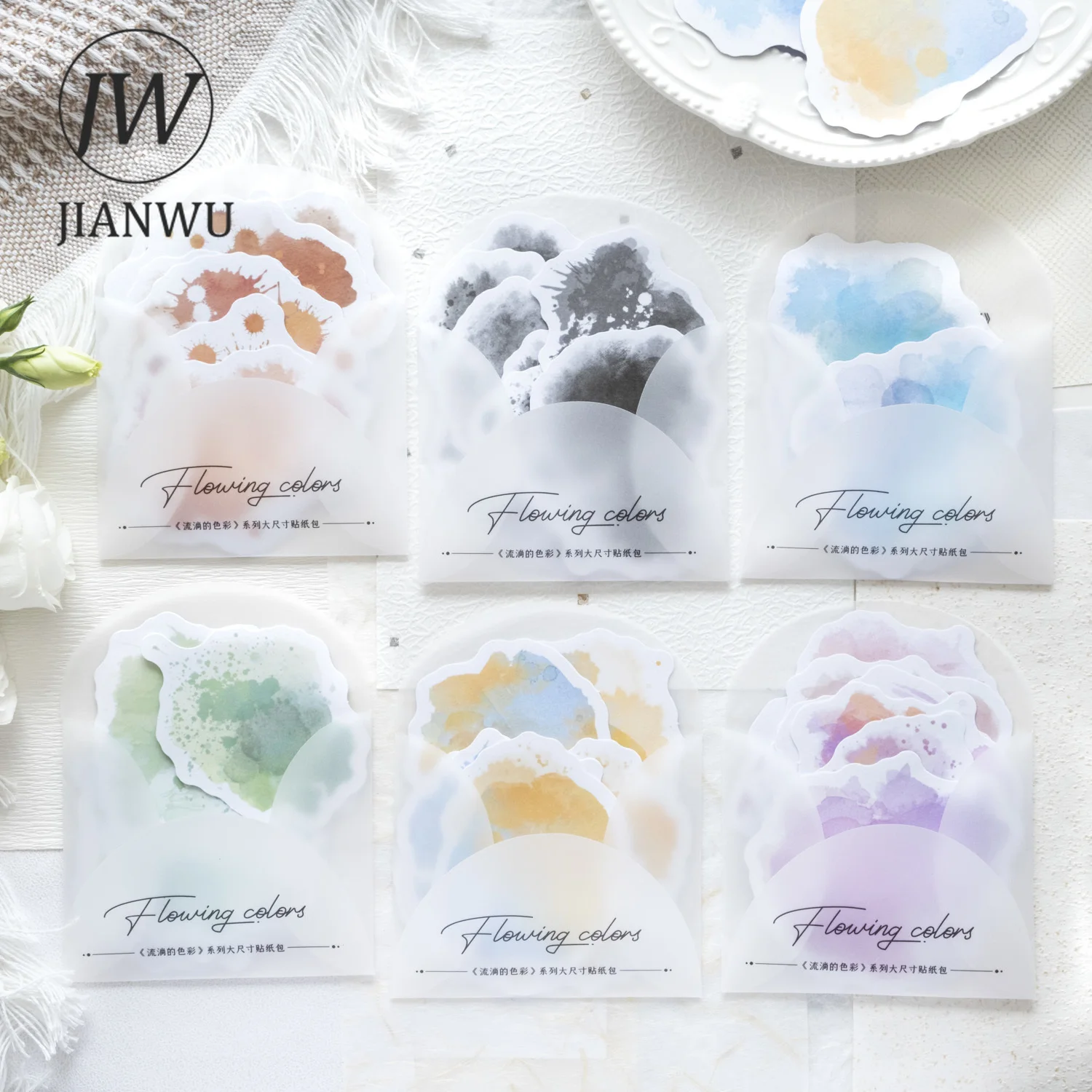 JIANWU Flowing Colors Series Vintage Watercolor Smudge Material Collage Sticker Creative DIY Journal Scrapbooking Stationery