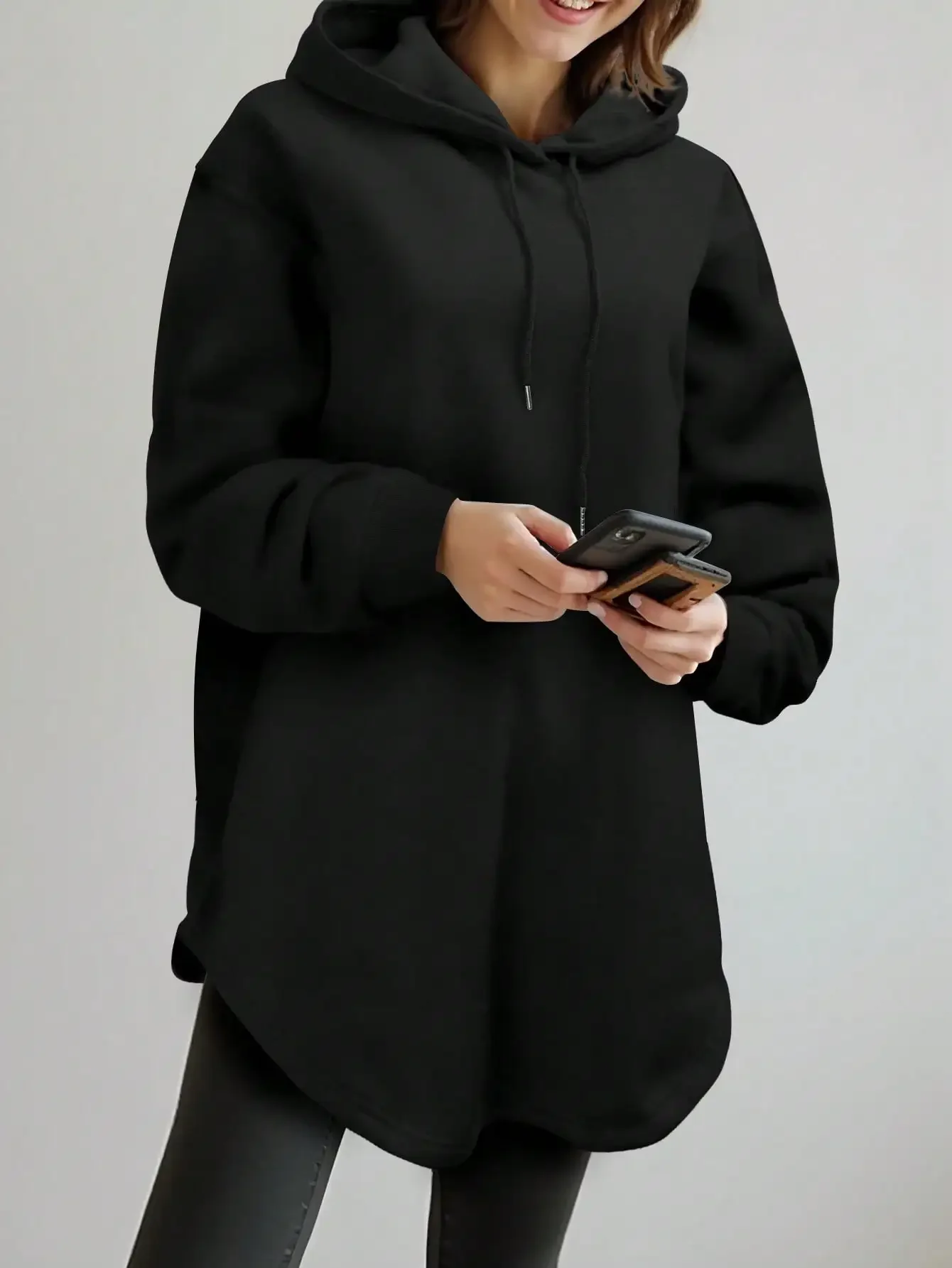 Womens Tunic Pullover Hoodie Cozy Vanilla Girl Modest Aesthetic Long Sleeve Sweatshirt Light Heather Grey Tiny Black Outline Heart Print Arched High Low Hem Ribbed Cuffs Drawcord Drop Shoulder Loose Fit For Fall Winter Leggings Outfits Christmas Gift
