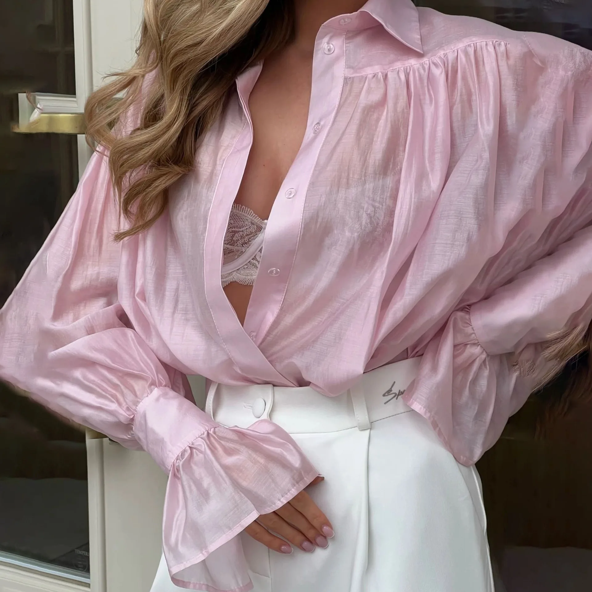 

Women's Lapel Long Sleeve Female Shirt Elegant Loose Office Pink Blouses Casual Classic Shirts Tops Blouse White Black Brown New