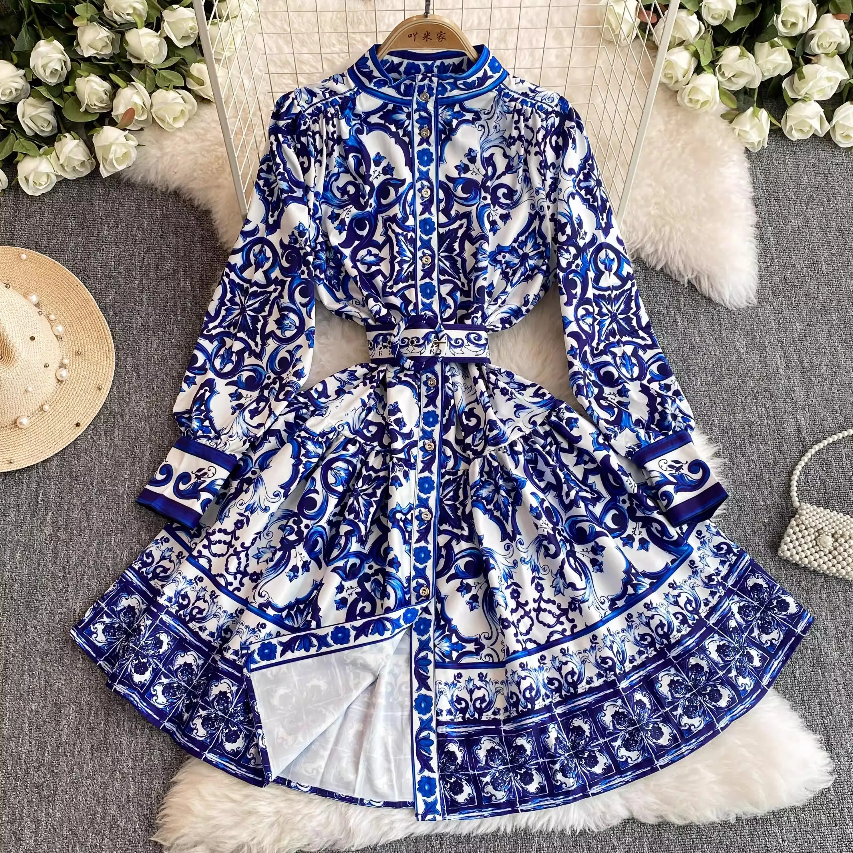 

Runway Blue And White Porcelain Print Holiday Dress Women's Stand Long Sleeve Single Breasted Belt Office Lady Party Vestidos