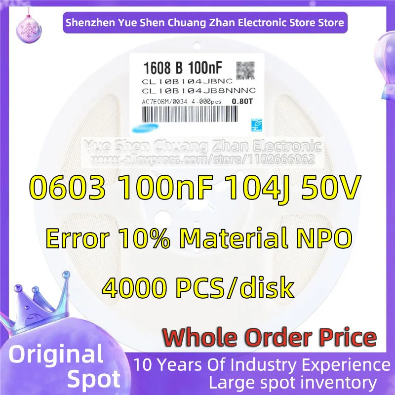 

[Весь диск 4000 шт.] 1608 патч-конденсатор 0603 0,1 нФ 5% мкФ 104J 50 в ошибка материал NPO/COG подлинный конденсатор
