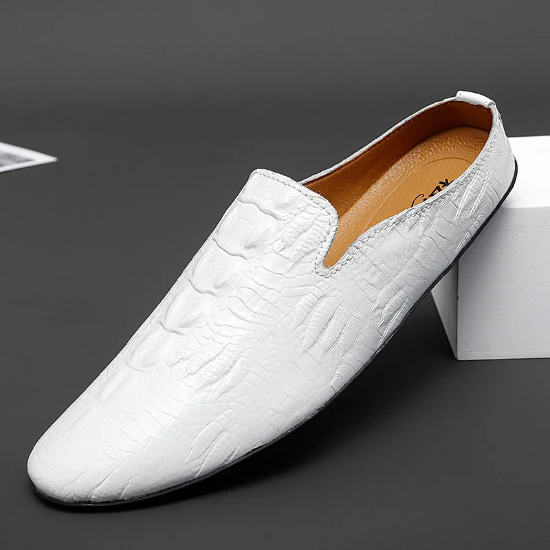 

Fashion 2026 Pattern Men Half Loafers Leather Slippers Comfort Loafer Slides Breathable Mules Man Outdoor Lightweight Shoes