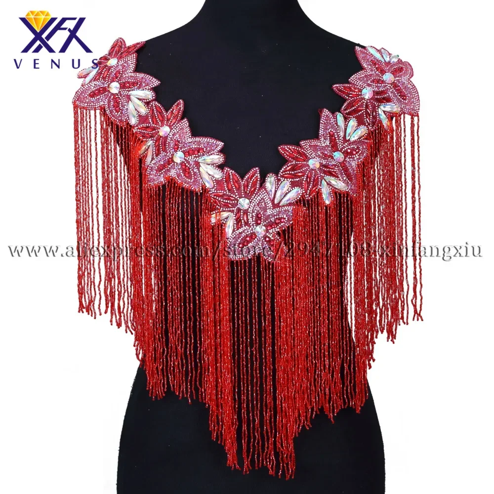 XFX VENUS Hot Sale Wedding Embroidered Rhinestone Tassels Style V-neck Patches for Clothing Red Beaded Applique 1pc Embroidery