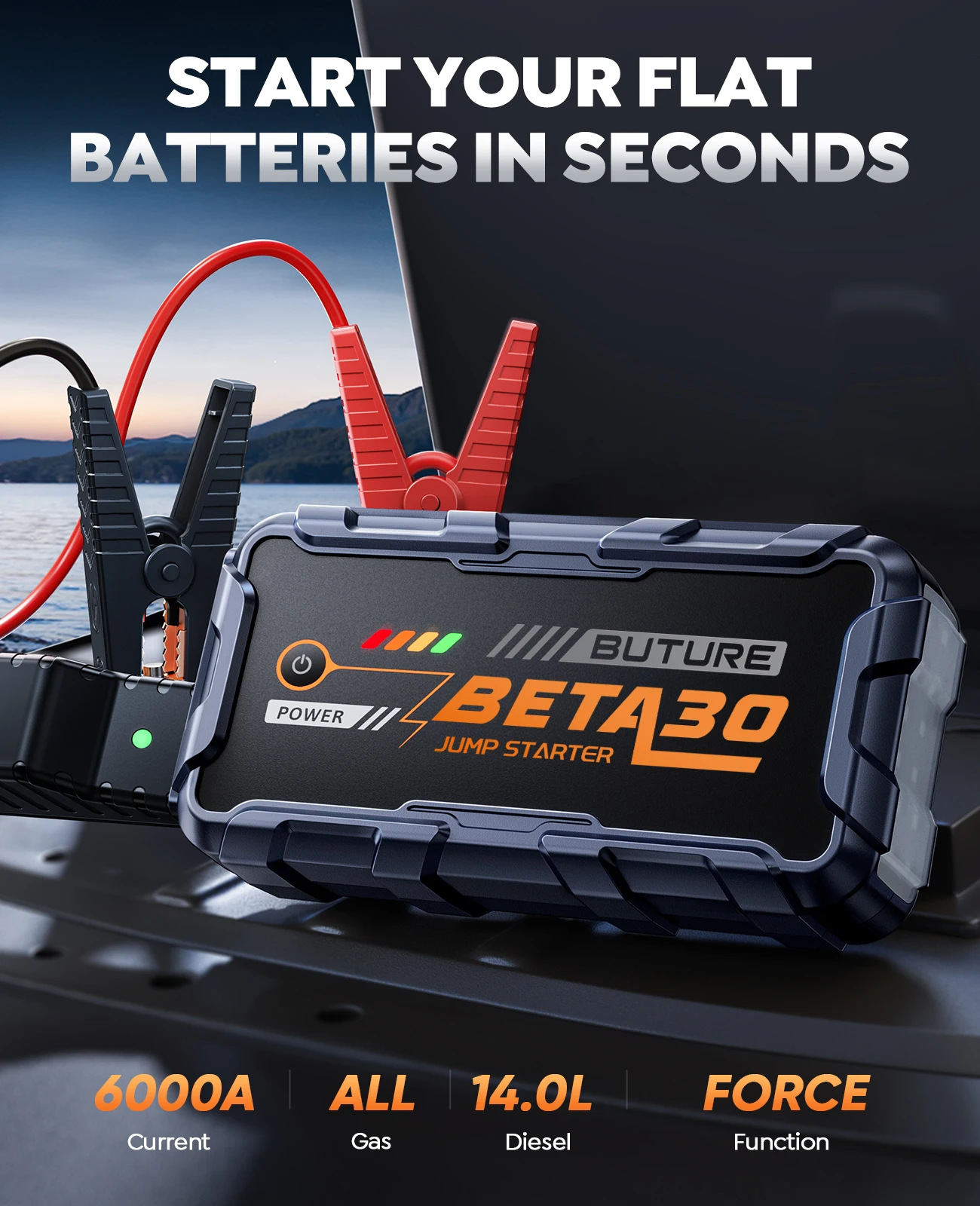 BUTURE 6000A D�marreur de Voiture Portable 18W, Batterie Externe 26800 mAh, Booster d'Urgence pour Batterie de Voiture BETA30