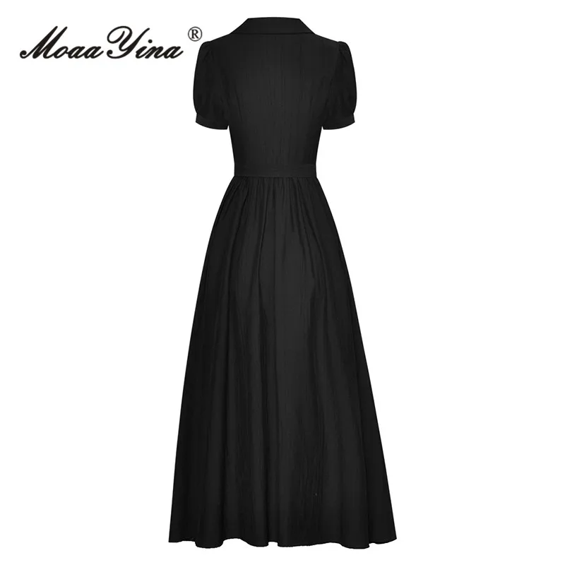 MoaaYina Summer Fashion Designer Vintage Black Dress Women\'s Turn-down Collar Short Sleeve Button Bow-frenulum A-LINE Long Dress