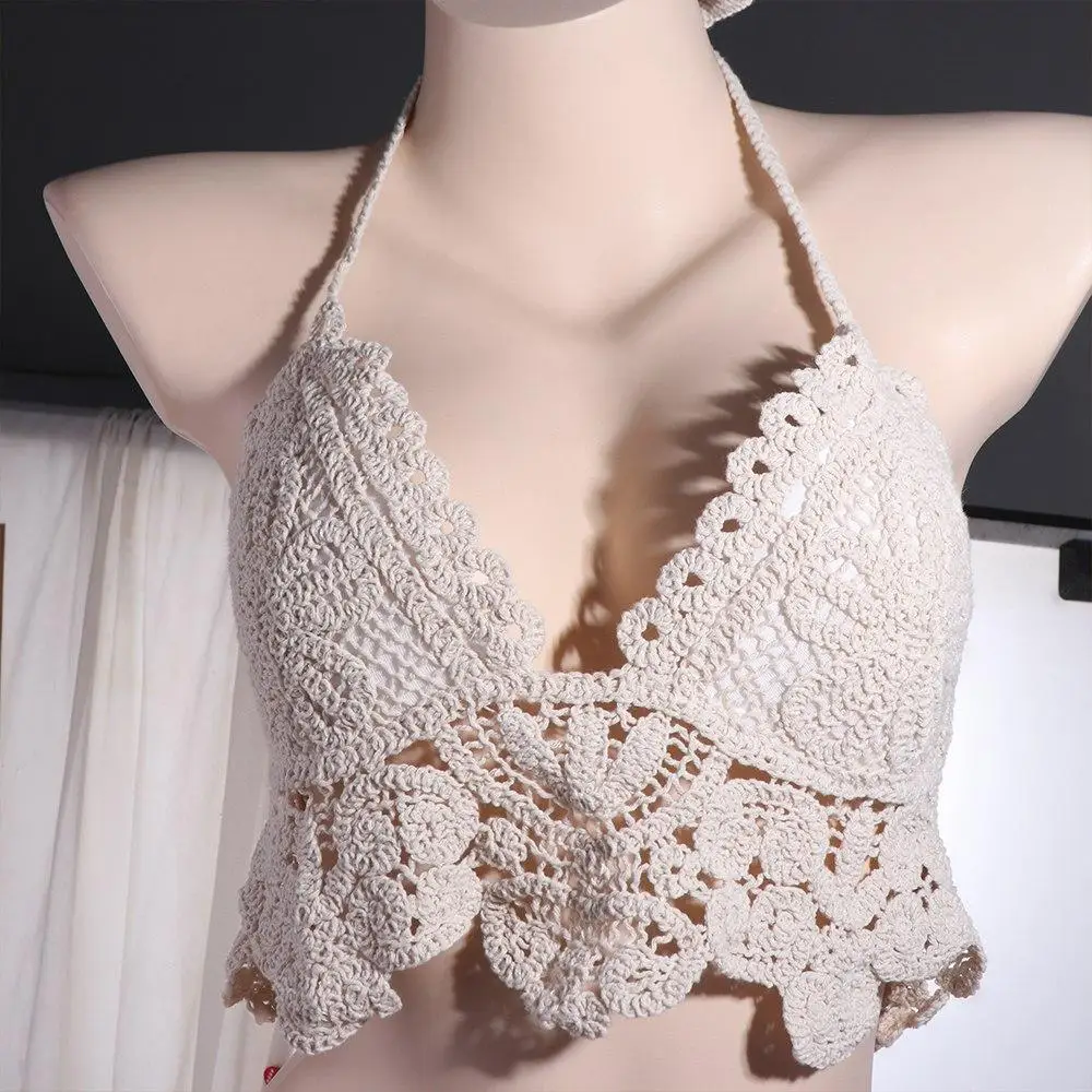 Hollow Bohemian Style Vest Hanging Neck Sleeveless Knitting Crop Tops Crochet Top Short Embroidered Flower Camisole Party