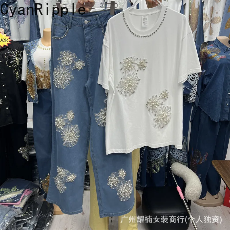 

Fashion Spring Summer Women Two-piece Set Floral Diamonds Beads White Short Sleeve T-shirt Top + High Waist Blue Wide Leg Jeans