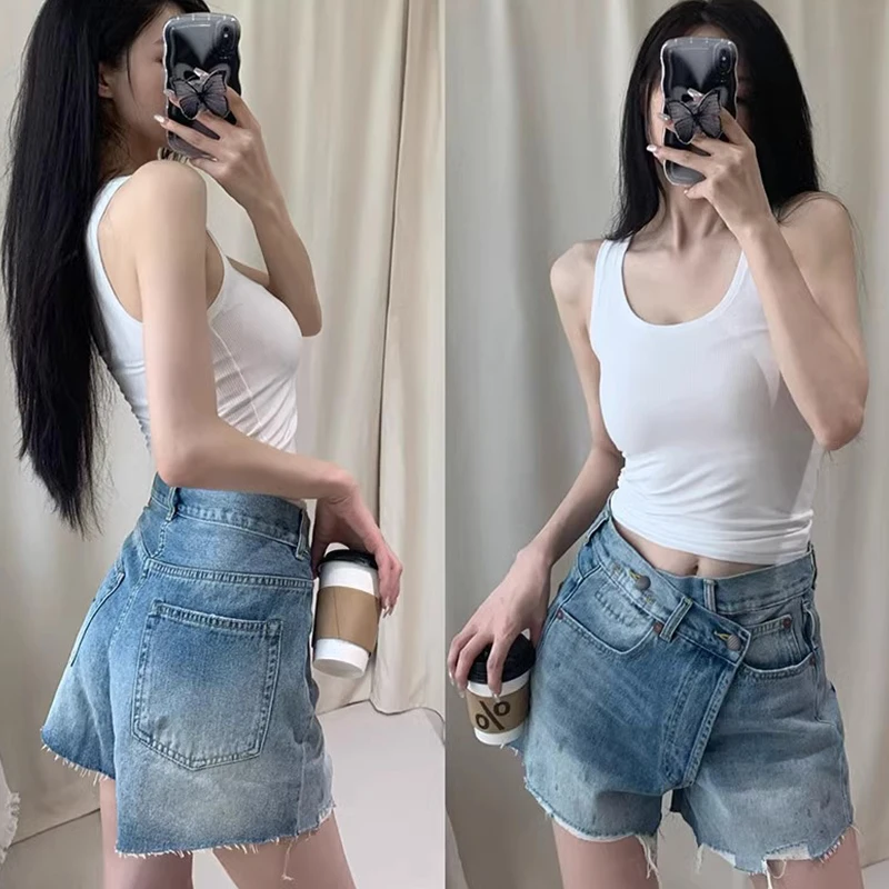 NIGO LP Women Summer Retro Fashion Destruction High Waist Straight Solid Color Denim Shorts #nigo61336