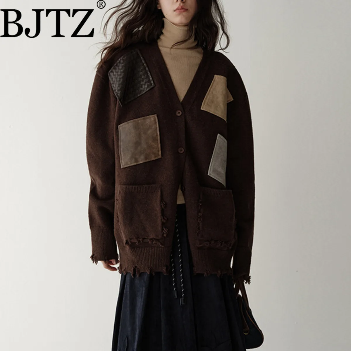BJTZ 여성용 디스트레스드 아트 패치 울 가디건 가을 겨울 니트 오픈 프론트 재킷 긴 소매 루즈핏 프리미엄 아우터웨어