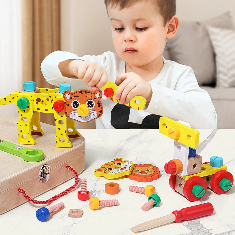 Kinder-Werkzeugkasten Kreatives DIY-Spielzeug Schrauben- und Muttern-Entfernungs-Set Holzbausteine für Jungen und Mädchen mit Aufbewahrungsbox für Kinder von 3-6 Jahren – Detail 3
