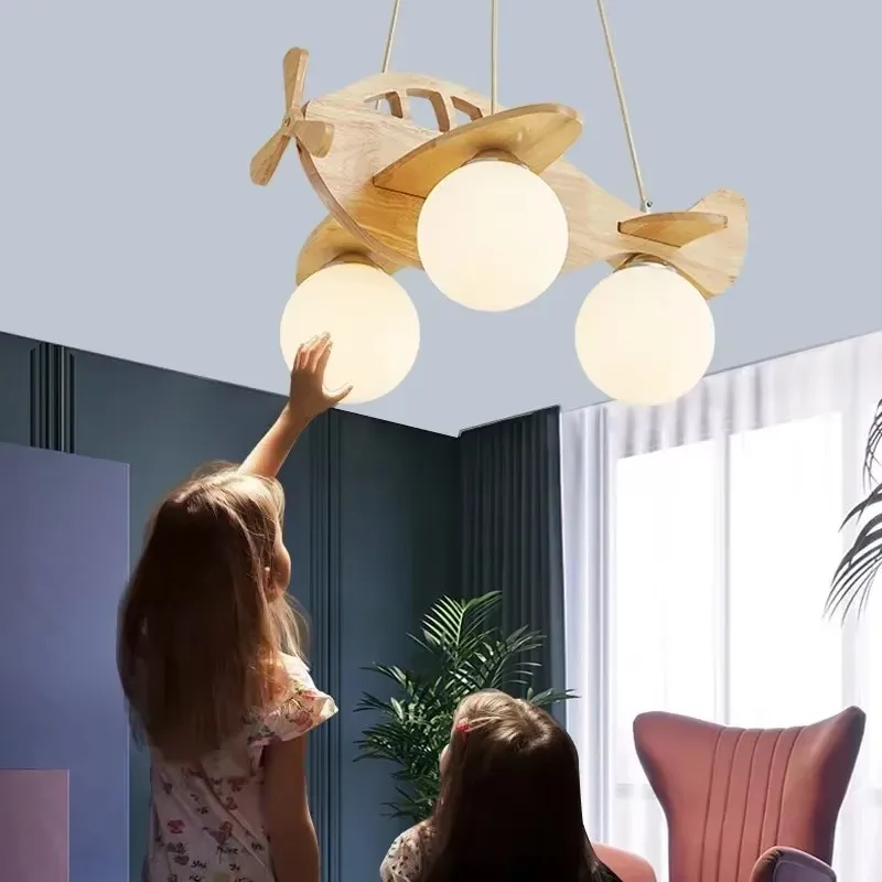 2026 Nordic Solid Wood Pendant Light Creative Children's Room Restaurant Bedroom Lighting Simple Airplane Room LED Lighting