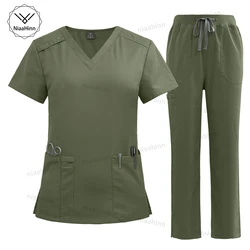 Niaahinn Scrubs Nursing Medical Uniforms Women Beauty Salon Manicurists Working Clothes Fashionable Pockets Uniform Dental Scrub