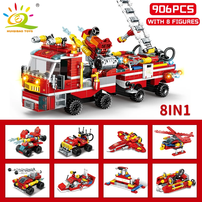 HUIQIBAO City Fire Truck Model Building Blocks Firefighting Set Fireman Figures Bricks City Construction Toy for Children Gift