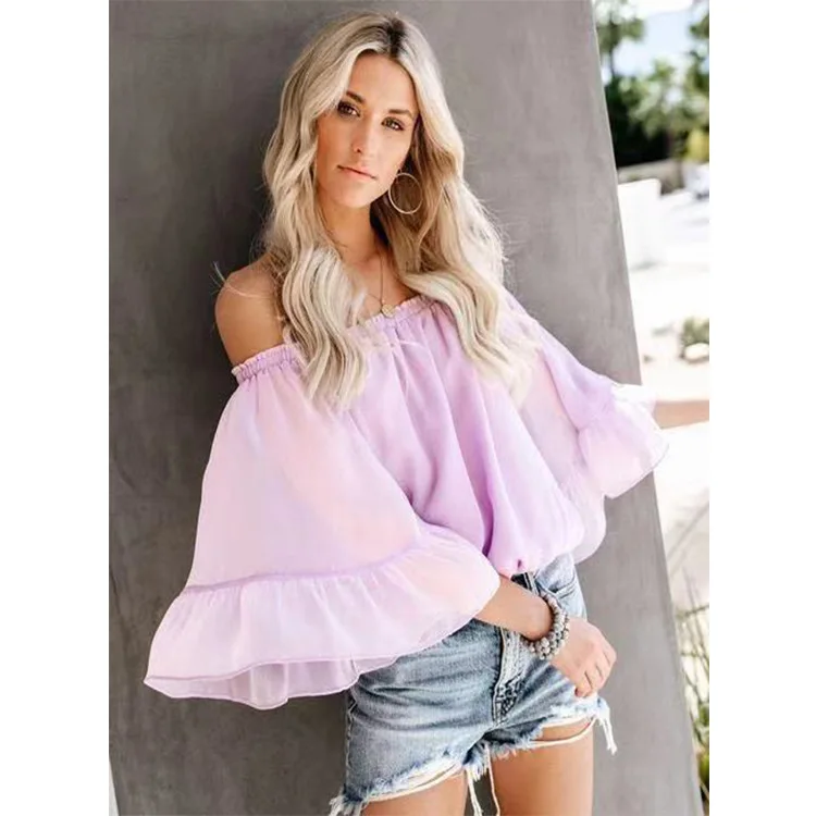 25 Fashion Sexy New One-Shoulder Loose Bell Sleeve Chiffon Blouse Women's Top Sheer 0337